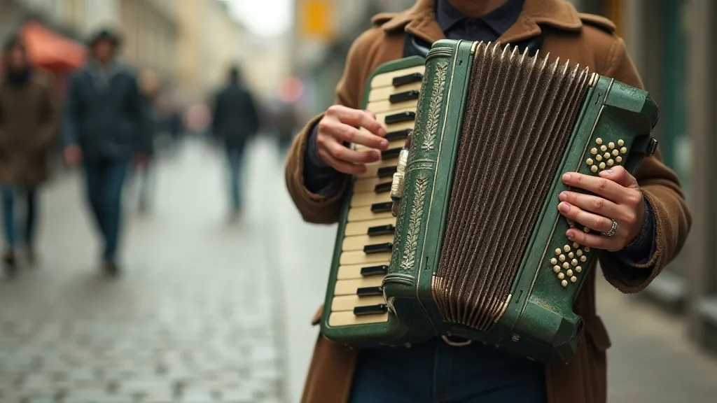 Digitally colorized postcard of a street musician playing an accordion, mossy green, lavender, nostalgic feel.