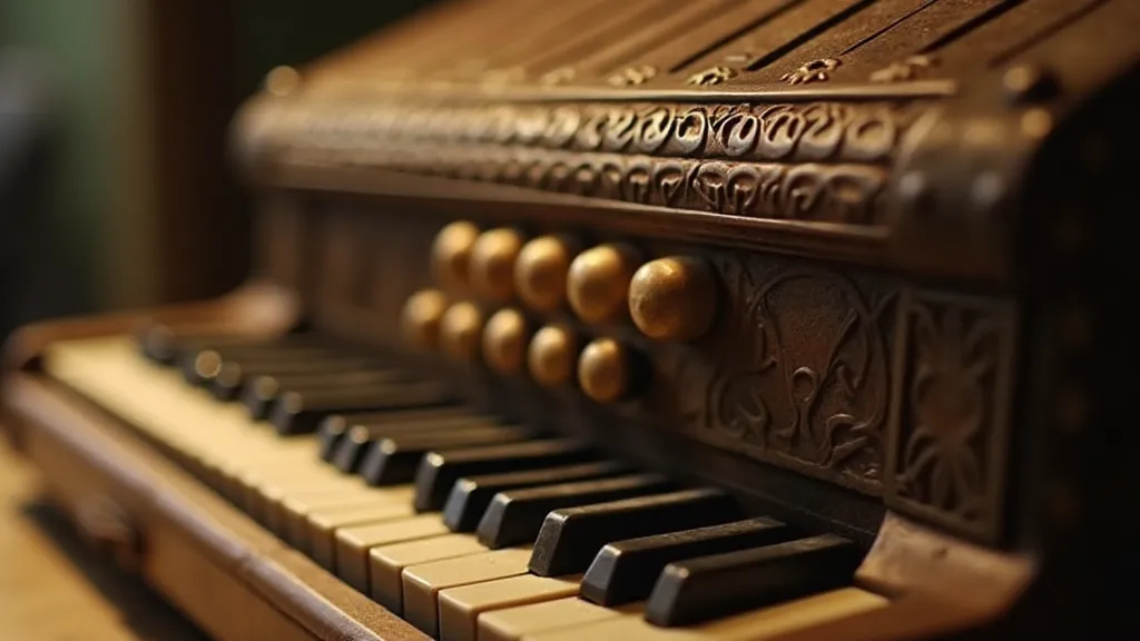 Close-up of colorized accordion keys, warm golden hue, nostalgic feel.