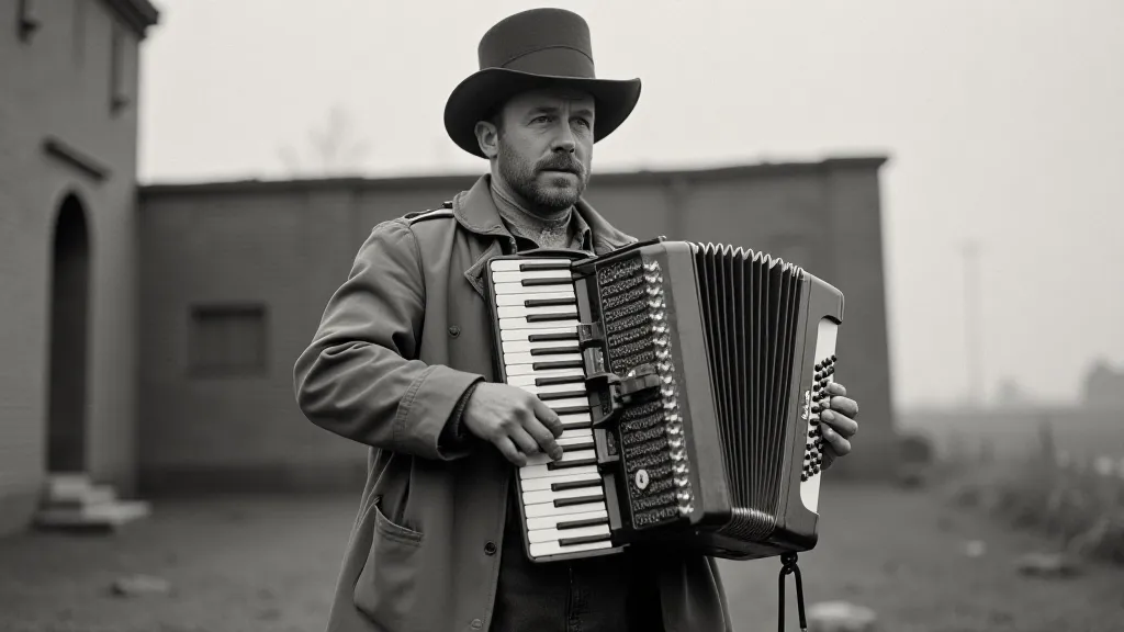 Black and white postcard of a man playing an accordion.