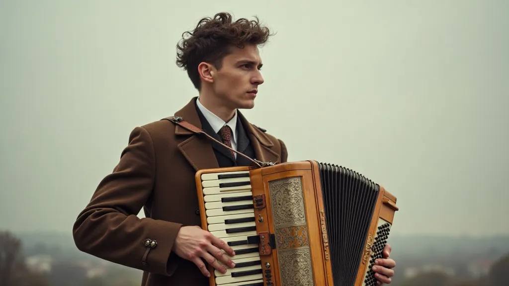 Colorized postcard of a man playing an accordion.