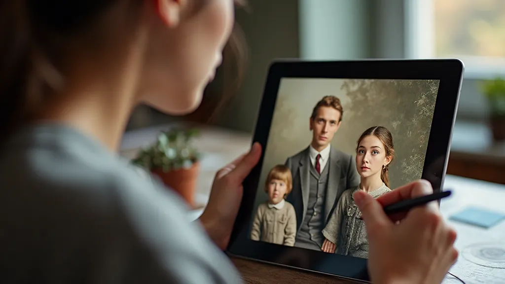 Digital artist colorizing an antique postcard