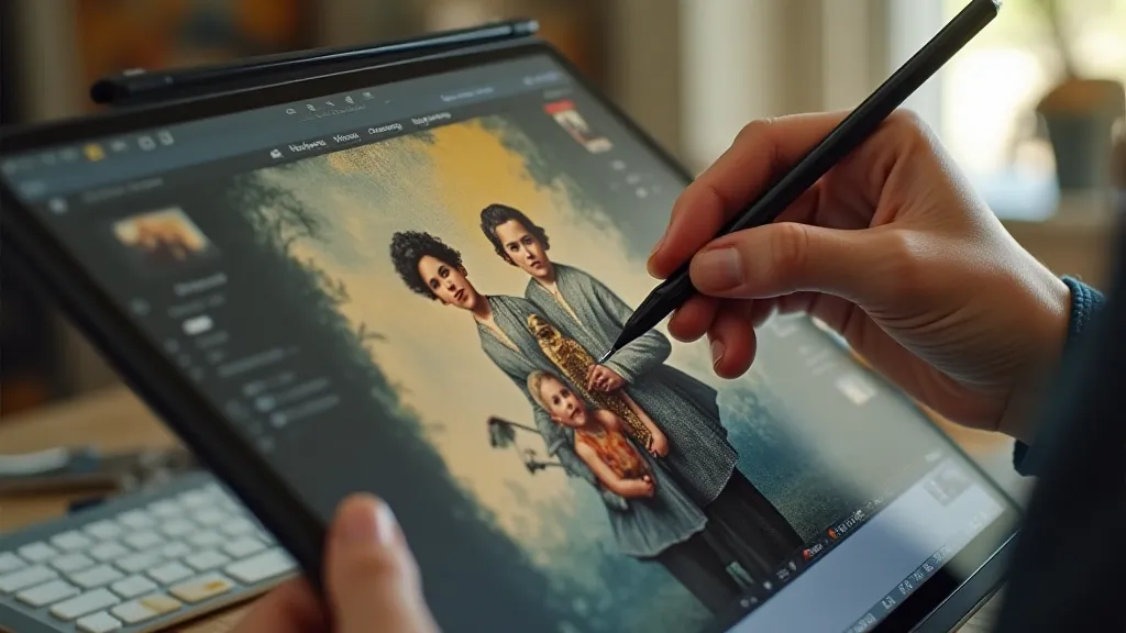 An artist colorizing an antique postcard on a digital tablet.