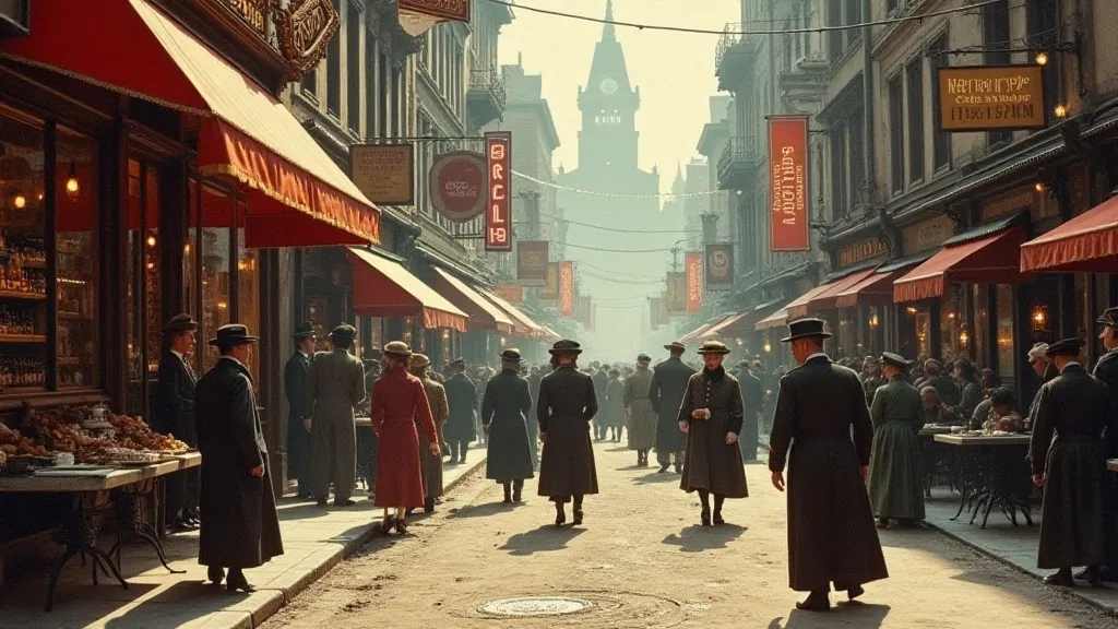 Colorized antique postcard of a city street
