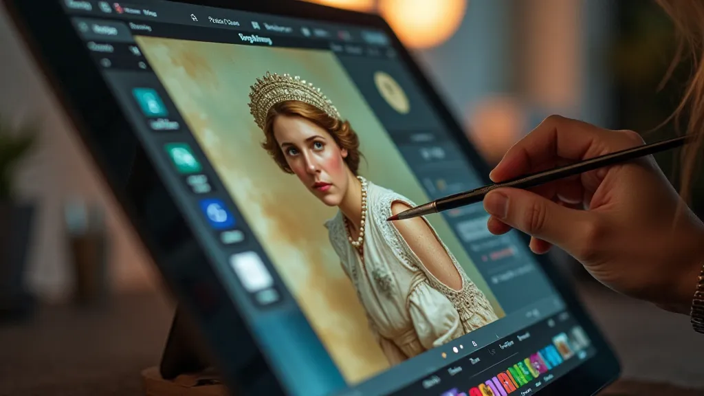 Digital artist's workspace with a partially colorized postcard.