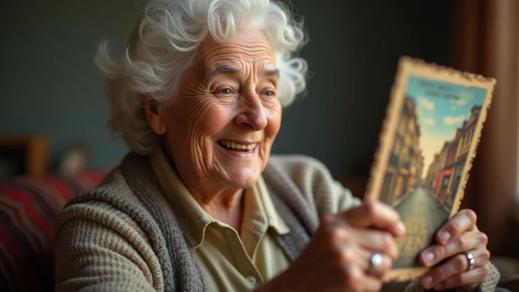 Elderly woman looking at a colorized postcard