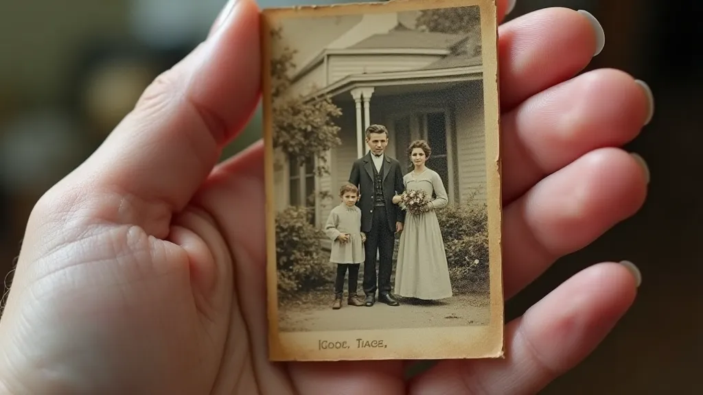 Antique postcard of a family in front of a Victorian home.