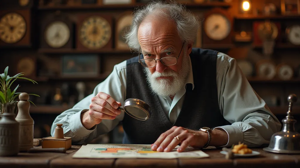 A man inspecting a colorized postcard in a workshop.