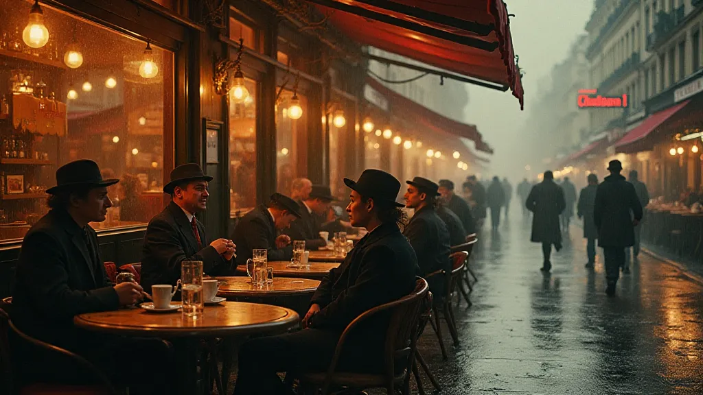 Digitally colorized postcard of a Parisian cafe, warm lighting, romantic mood.