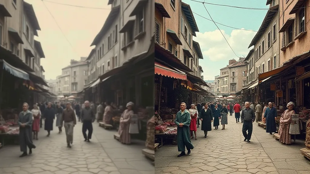 Comparison of a postcard before and after colorization.