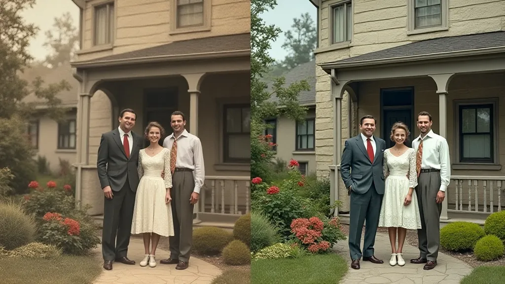 Comparison of a black and white postcard and its colorized version.