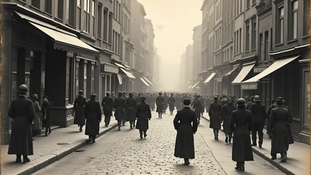 Black and white postcard of a European street scene.