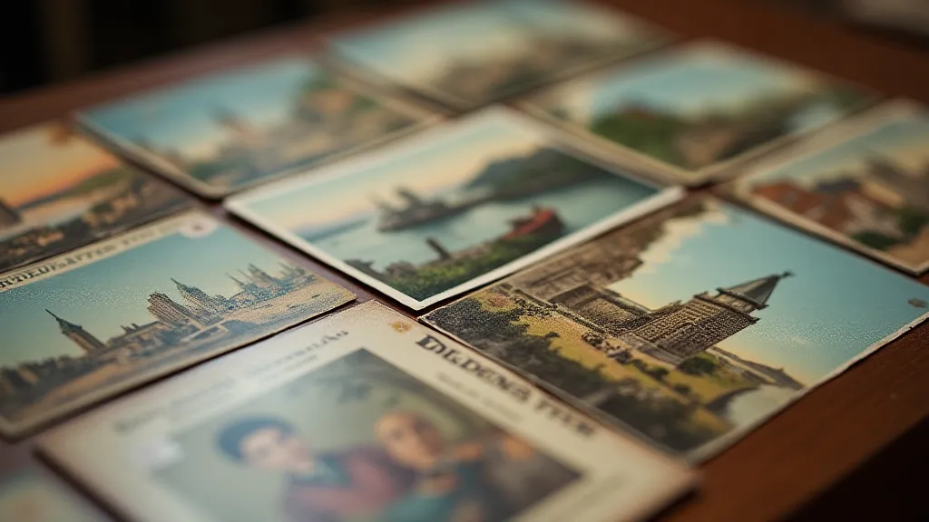 A collection of antique postcards displayed on a wooden table.