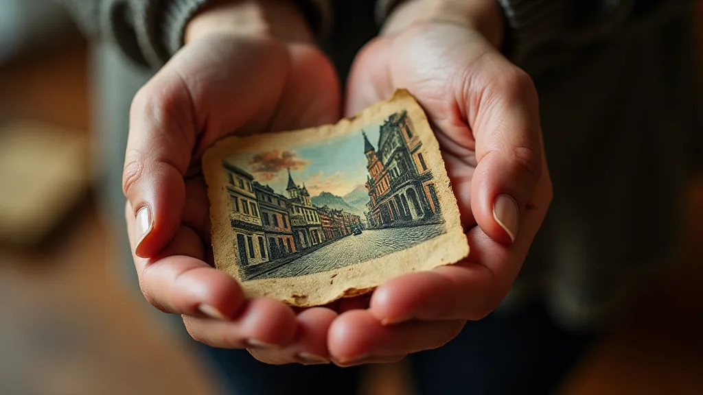 Hands holding a colorized antique postcard.