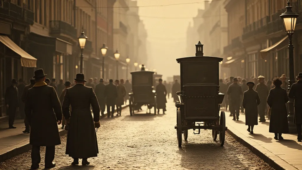 Sepia-toned antique postcard of a Victorian street scene.
