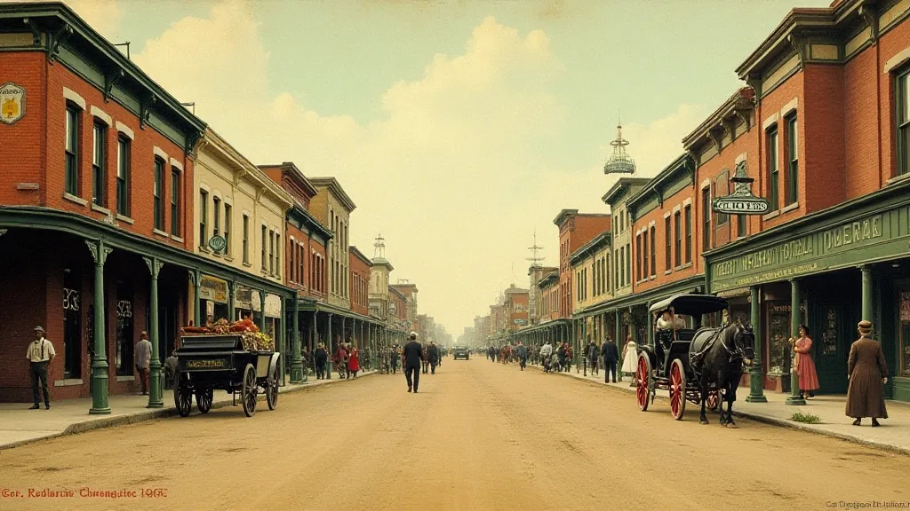 Colorized postcard of a 1910s American town street.