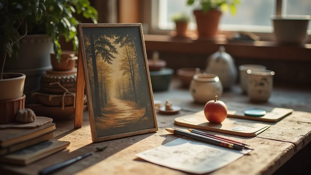 Artist's studio with antique postcard