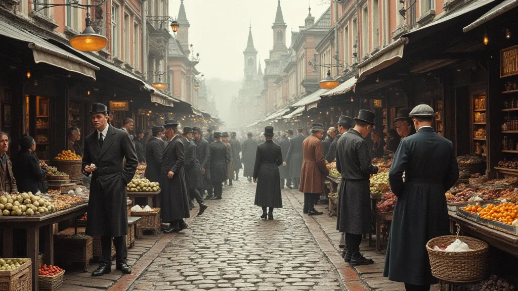 Colorized Victorian street market scene.